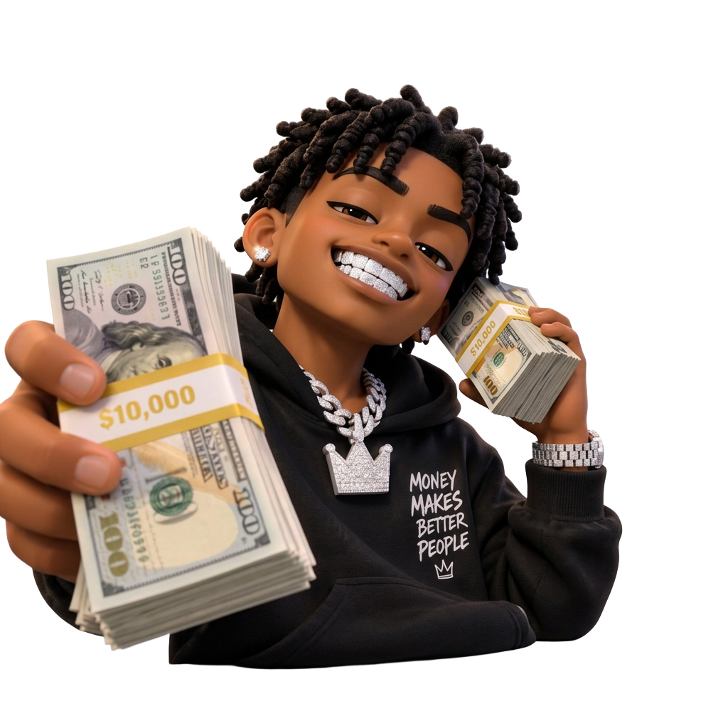 BAND FOR BAND mascot holding stacks of cash